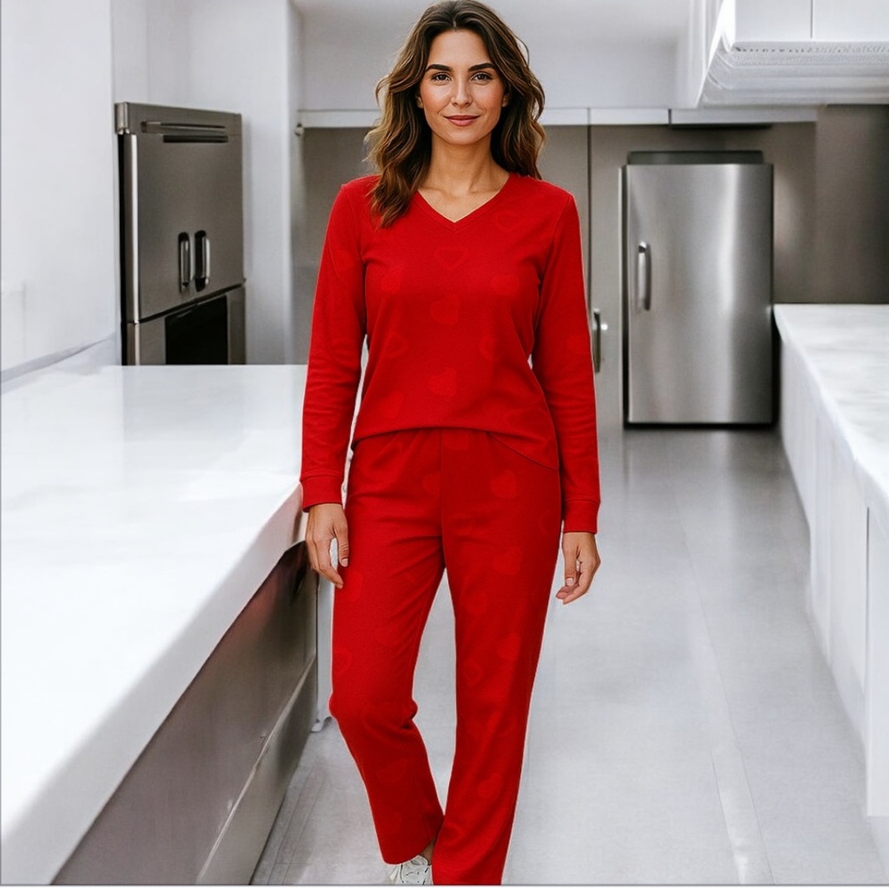 Pink k 2 piece set red cozy pjs with cute heart design.
